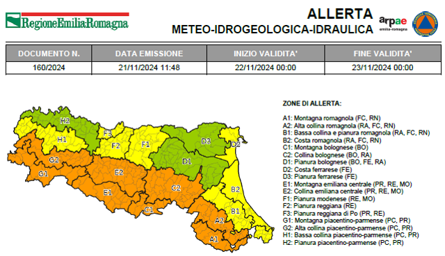 Allerta Meteo-Idrogeologica-Idraulica Valida dalle 00:00 del 22 novembre 2024 fino alle 00:00 del 23 novembre 2024